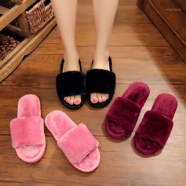 

slippers womens fur winter furry home indoor plush scarpe donna slip on warm house shoes cotton sliders shoes1, Black
