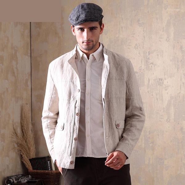 

new arrival fashion men coat fashionable pure linen jacket autumn winter casual mandarin collar thin loose size s m  xl xxl1, Black;brown