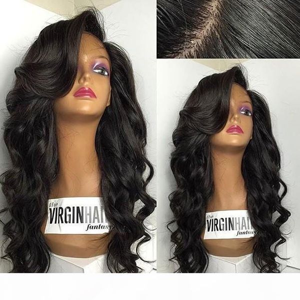 

long glueless full lace wig for black women tangle malaysian human hair wavy front lace wig middle part with baby hair, Black;brown