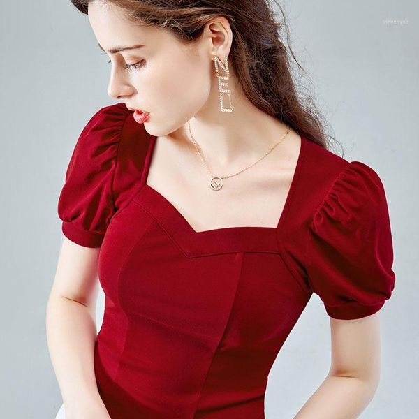 

french blouse women summer casual retro sweet solid color dark red puff sleeve vintage pin up shirt female office work 1, White