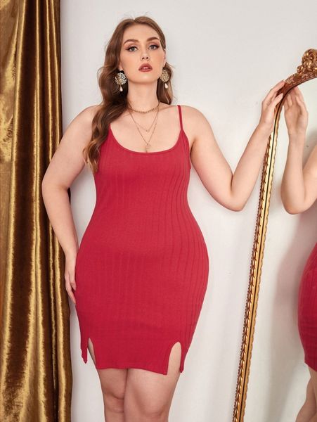 

plus solid rib-knit m-slit bodycon dress 994v#, Black