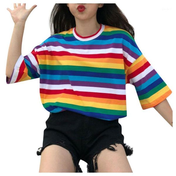 

women's blouses & shirts jaycosin women winter blouse harajuku half sleeve rainbow striped shirt gothic loose o-neck casual bandage 11, White