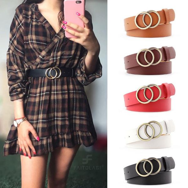

2020 fashion belt double ring metal buckle belt woman gold buckle leather belts for women jeans fashion ladie, Black;brown