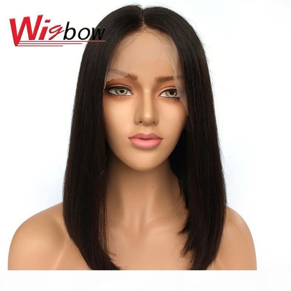 

bob wig 13*4 lace front straight wig peruvian human hair wigs for women transparent lace frontal bob mid part wigbow, Black;brown