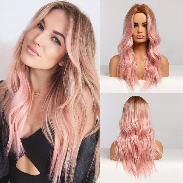

long natural wave hair synthetic wigs brown to pink cosplay wigs for black women