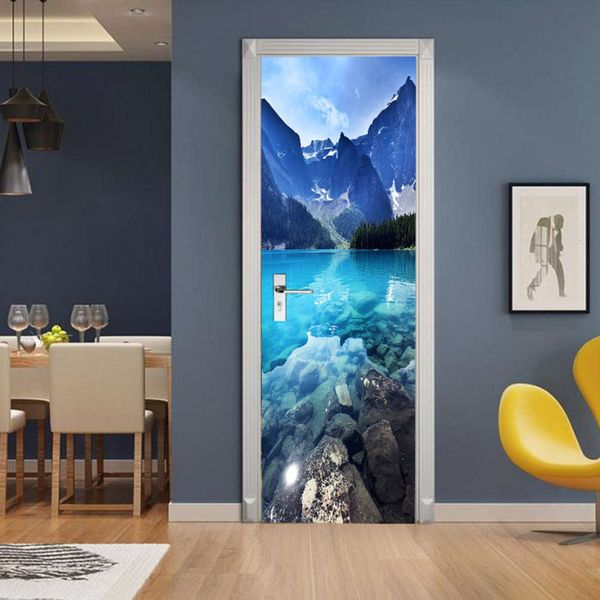 

amj magic set creative environmental protection 3d blue lake door renovation self adhive bedroom wall sticker