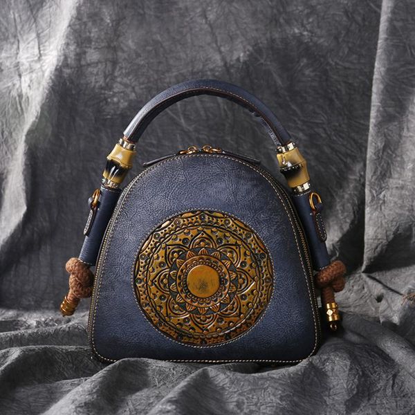 

chinese style 2020 vintage women handbags cow leather messenger shoulder bag embossing pattern flower bags unique design
