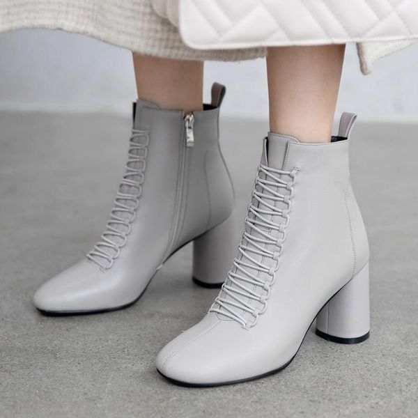 

sarairis 2020 new fashion genuine leather zip up concise elegant shoes woman boots high heels cross-tied spring boots female, Black