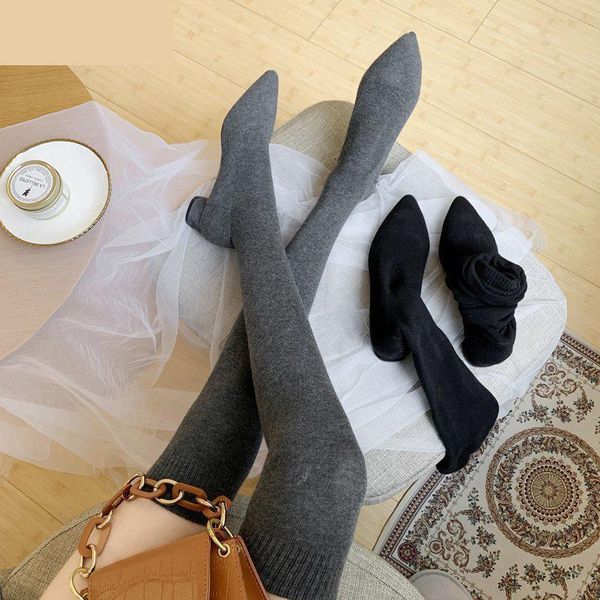 

slanke sok lange laarzen herfst winter nieuwe mode slip op sokken schoenen vrouw over de knie laarzen puntschoen dij hoge laarze, Black