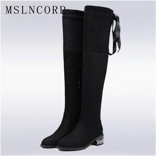 

size 34-48 party lace up over the knee boots women classic suede stretch fabric zipper long boots lady square heel shoes, Black