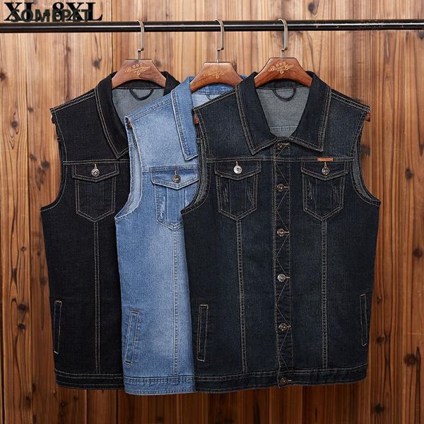 

5xl 6xl 7xl 8xl new men's denim vest fashion casual classic style slim fit vest jeans jacket coat male blue black gray, Black;white