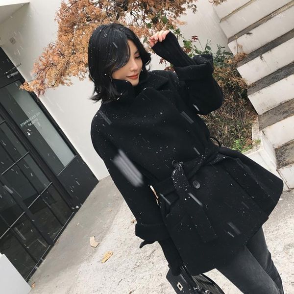 

women's wool & blends women's coat autumn winter 2021 fashion classic solid black woolen jacket slim thicken short outerwear femal