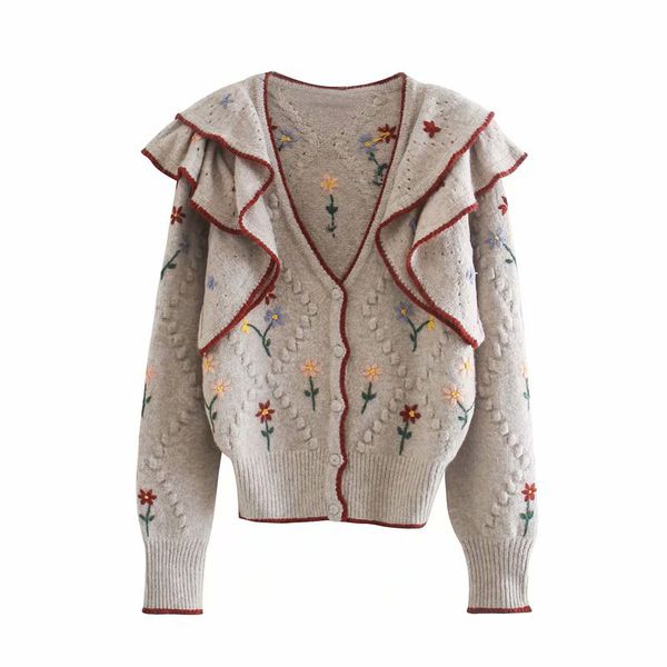 

2021 new za vintage embroidered autumn with low-cut v-sweater retro ruffled long-sleeve long-sleeved cardigan ladies sweater 7nxc, White;black
