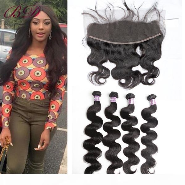 

bd brazilian human hair extensions indian peruvian malaysian virgin body wave human hair 3 bundles with frontal closure part 13*4.5, Black;brown