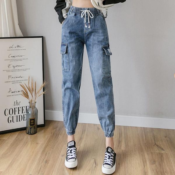 

women's jeans high waist cargo woman streetwear plus size blue mom ladies women pockets denim pants loose mujer