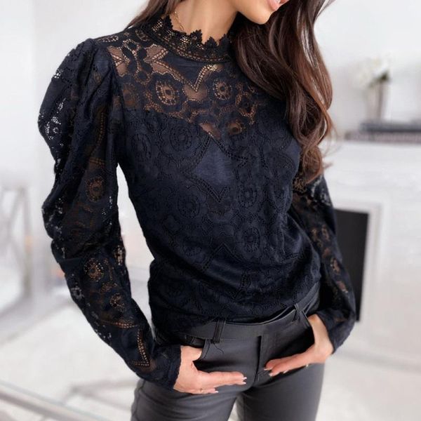 

#r40 korean style women blouse shirt o neck long sleeve hollow out floral lace patchwork elegant women blusas mujer de moda1, White