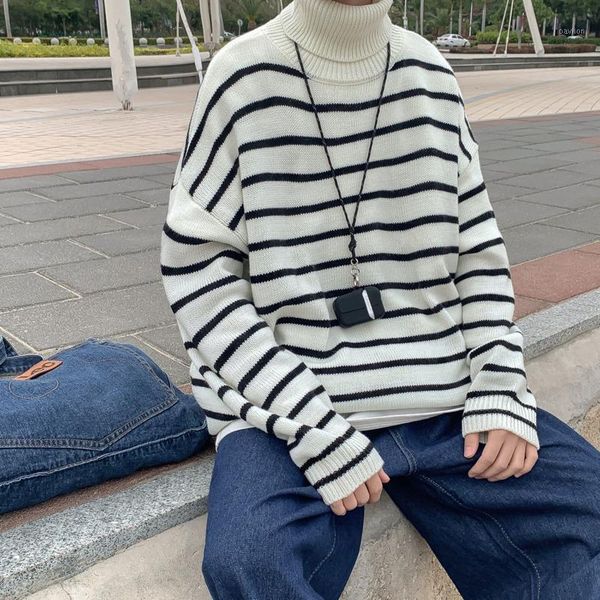 

winter thick turtleneck sweater men's warm fashion casual knit pullover street wild loose korean stripe sweaters mens clothes1, White;black