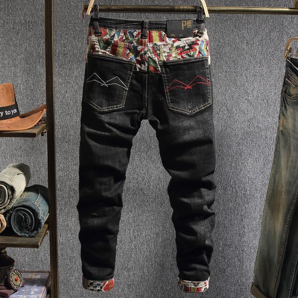 

2021 new japanese style fashion men jeans patchwork designer slim fit elastic ripped denim pencil pants homme streetwear hip hop trousers fr, Blue
