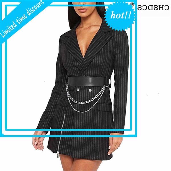 

chsdcsi office dame black streep dress v-neck herfst casual streetwear women mini jurk long mouwen oversized rits button