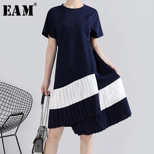 

eam] women blue pleated irregular stitch dress new round neck short sleeve loose fit fashion tide spring summer 2020 1w5771, Black;gray