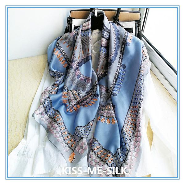 

kms haze blue pure silk square scarf silk satin scarf wild sun shawl for girl lady woman 110*110cm/30g, Blue;gray