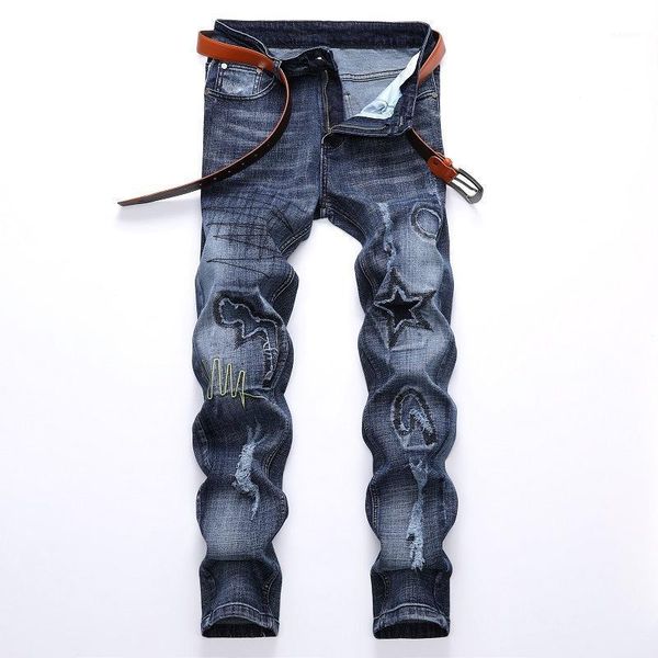 

men jeans men's fashion vintage light-colored casual hole badge jeans personality patch motorcycle denim pants male1, Blue