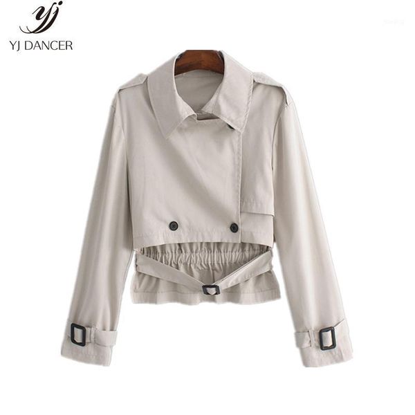 

2020 fashion new female spring autumn windbreaker lapel belt long-sleeved street hipster windbreaker short coat female hjb2301, Tan;black