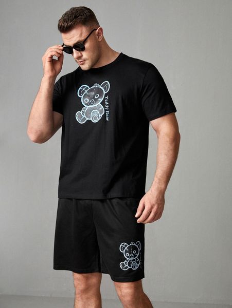 

extended sizes men bear and letter graphic tee & shorts p0fo#, Gray