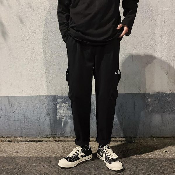 

2020 spring new straight-fitting tooling pants male ins port style drawstring multi-pocket trousers loose tooling pants1, Black