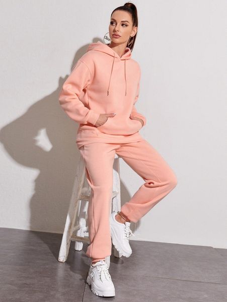 

drawstring drop shoulder thermal lined hoodie & sweatpants j4e2#, White