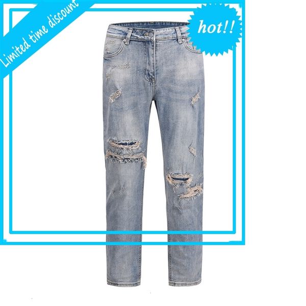 

streetwear washed hole jeans for men straight frayed distressed mens denim trousers hip hop loose pencil pants, Blue