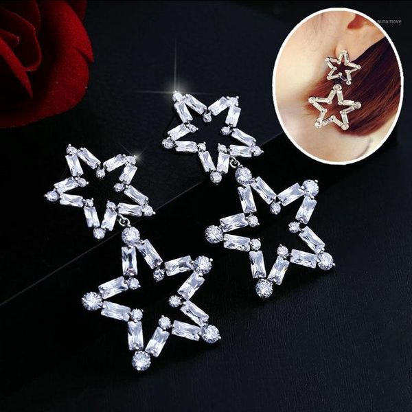 

honghong ladies earring shiny earrings for women double star earrings 3a zircon fashion jewelry1, Silver