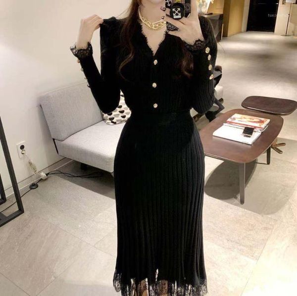 

casual dresses winter ladies korean style elegant two-piece slim v-neck knitted stitching lace sweater skirt suit1, Black;gray