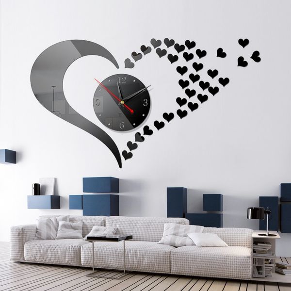 

2020 modern heart-shaped design quartz clocks fashion watches mirror sticker diy living room decor new arrival 3d wall clock