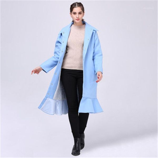 

2020 new winter woolen coat female fashion fish pendulum lotus leaf solid color longer commute all-match women, Black