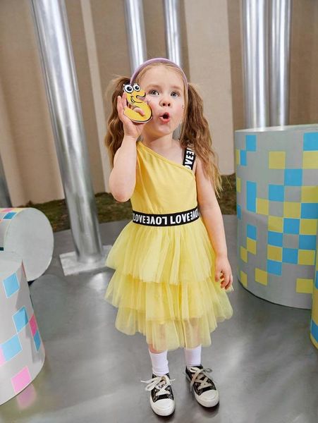 

toddler girls letter tape layered hem mesh dress she, Red;yellow