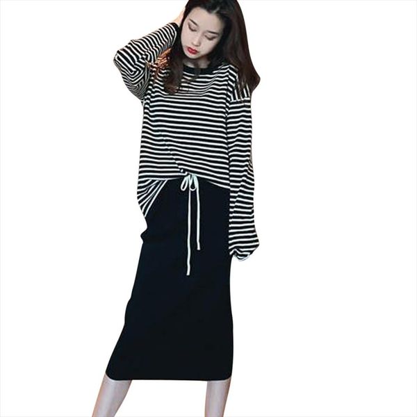 

women leisure sets spring autumn casual and skirts lady fashion long sleeve split 2 piece set striped outfit skirt yl5, Gray