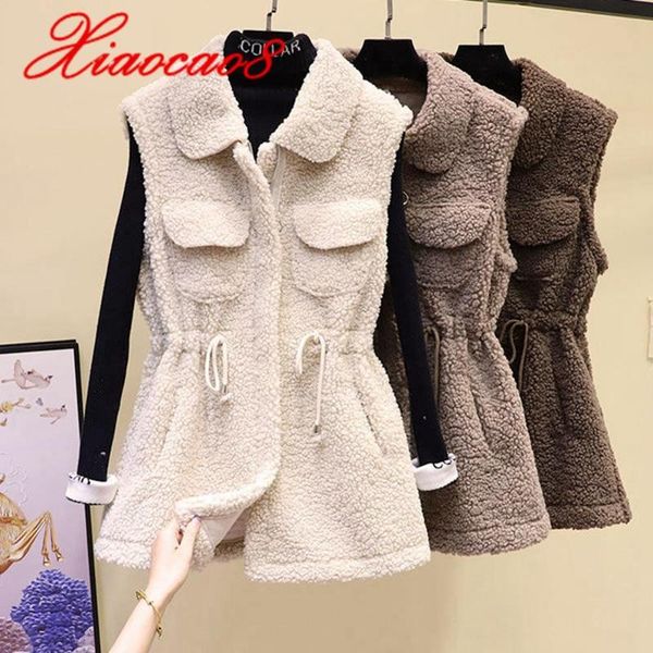 

women's imitation lambswool turn down collar long vest autumn winter solid pocket sleeveless jacket coat plus size gilet femme, Black;white