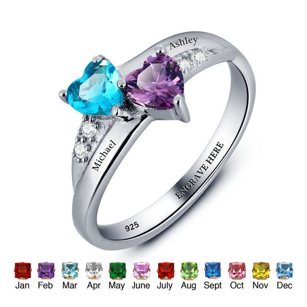 luxury- Anello con nome personalizzato Amante Anello promessa in argento sterling 925 a forma di cuore Pietra portafortuna Incidere gioielli Anelli per la festa della mamma (RI101781)