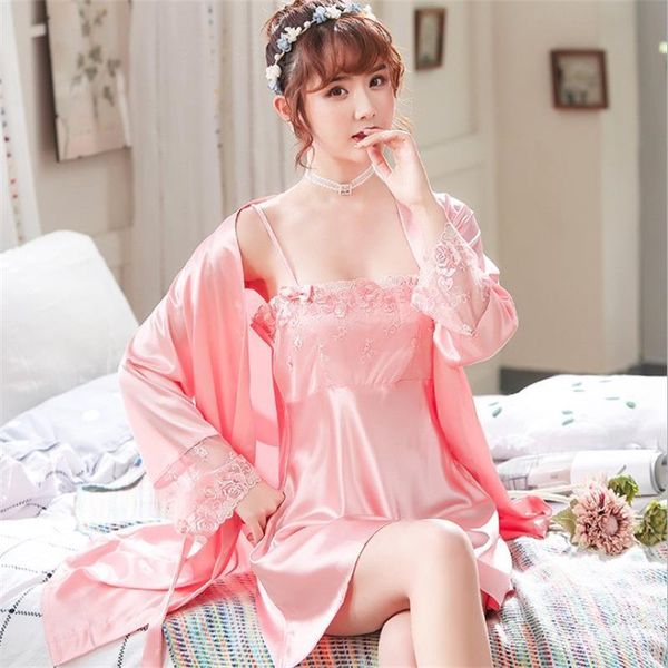 

woman's ice silk nightdress suit homewear spring pajamas long sleeve sleepwear nightdress two-piece cardigan suspender gown, Black;red