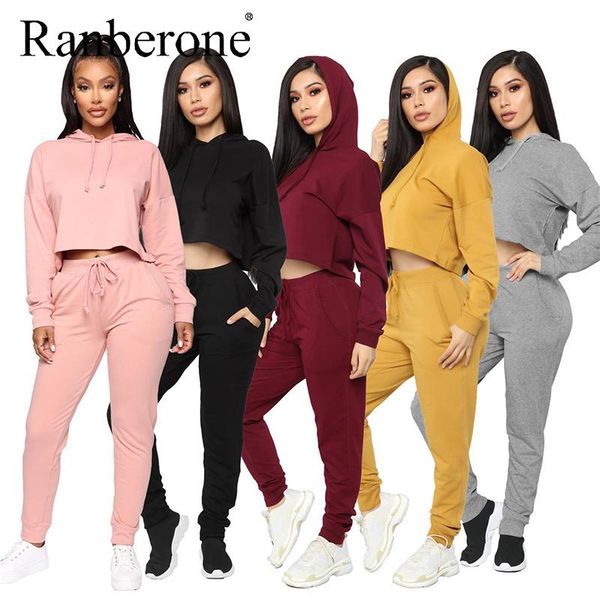 

ranberone fashion suit women sport solid color sportswear autumn oversize hoodie jump sweatpants suits 2 pieces set 2020, White;black