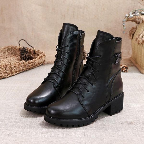 

alishinrey women ankle boots genuine leather side zipper shoes woman high heels 2021 fashion winter motorcycle boots shoes, Black