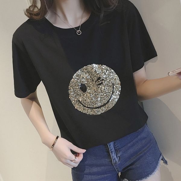 

summer smiling face pattern short sleeve women's coat t-shirt t-shirt loose korean student fashion hm3ut, White