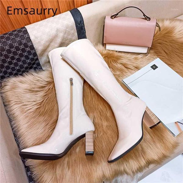 

british style square toe knee-high boots women side zip chunky heel bright patent leather autumn winter runway botas1, Black