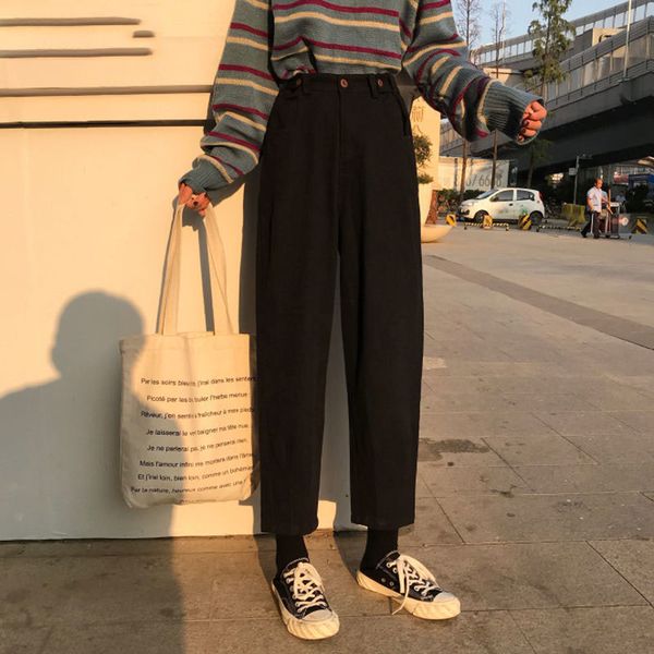 

jeans womens plus size solid high waist harajuku korean style vintage fashionable females trousers pockets simple chic, Blue