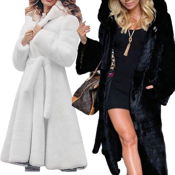 

long faux fur coat hooded loose fashion ladies new winter hooded slim coat wholesale, Black