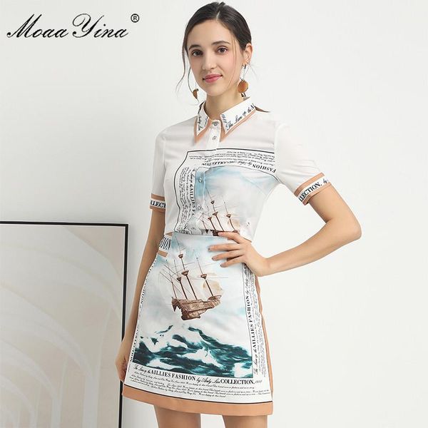

moaa yina fashion designer set spring summer women short sleeve shirt +print letter skirt elegant two-piece set, Gray