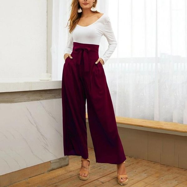 

women's fashion high waist wide leg flared pants spring solid color loose lace-up casual trousers elegant streetwear1, Black;white