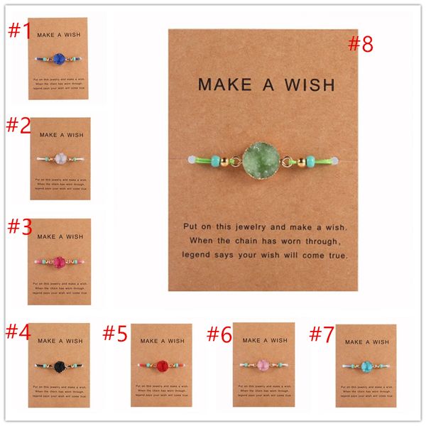 

selling handmade druzy resin stone bracelet make a wish card wax rope braided bracelets bangles with rice bead for women beach jewelry, Golden;silver