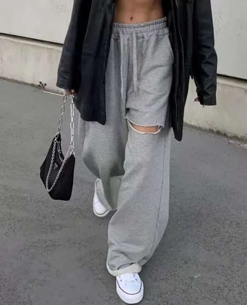 

8074rt street high waist apgb wide leg 20 women's loose and perforated casual floor pants, Black;gray